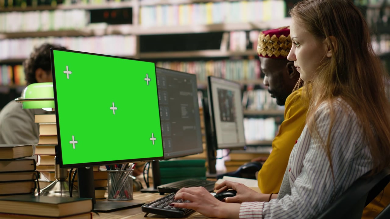 Isolated green screen on desktop monitor with tracking markers
