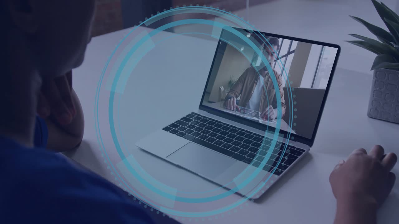Female colleague initiating data protection by raising hand at laptop with pulsing rings animating