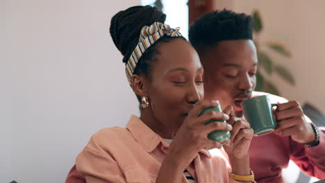 Happy-couple,-smile-and-cheers-with-coffee-in-home