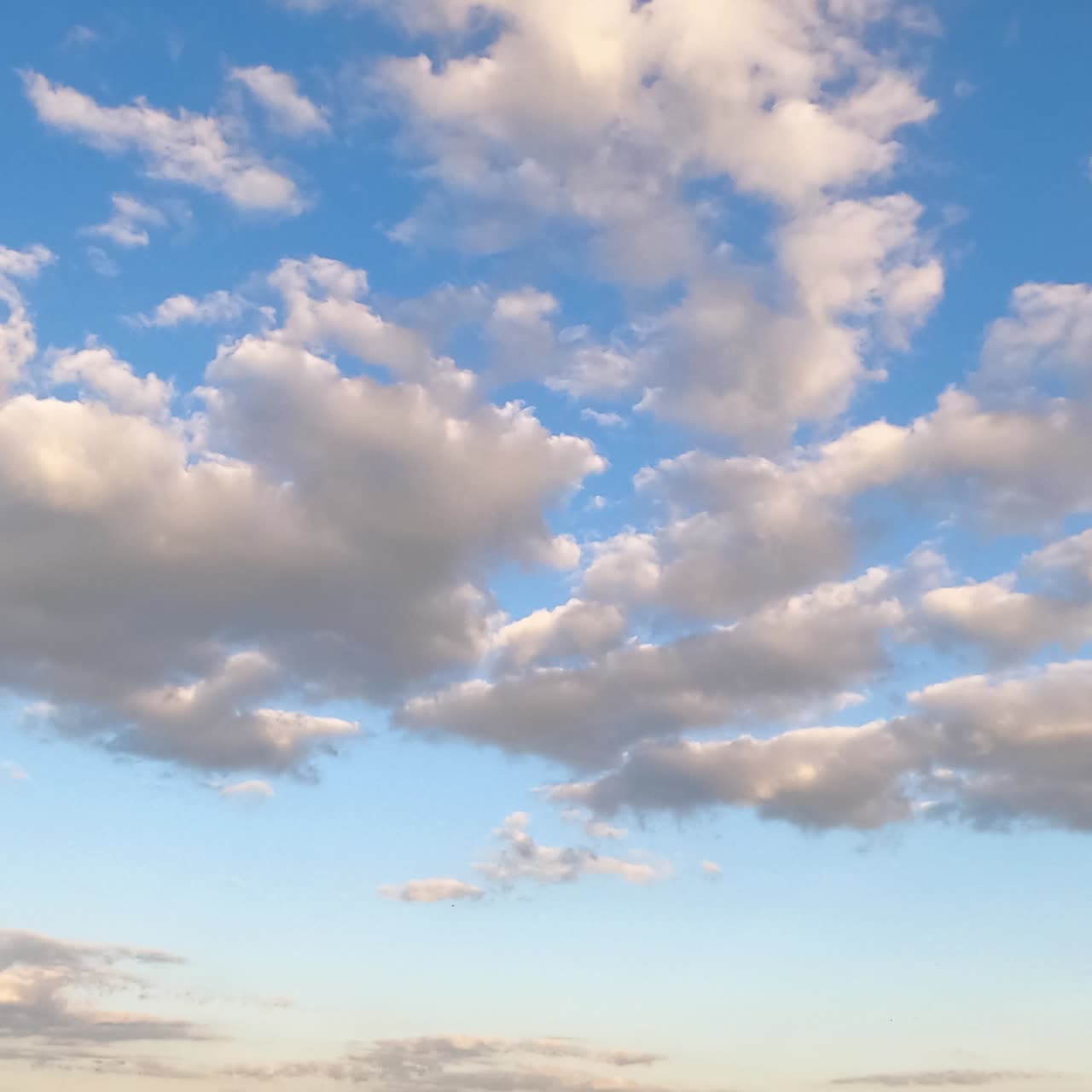 Formation of cumulus cloudscape in the atmosphere. Low angle timelapse of little soft clouds in the sky
