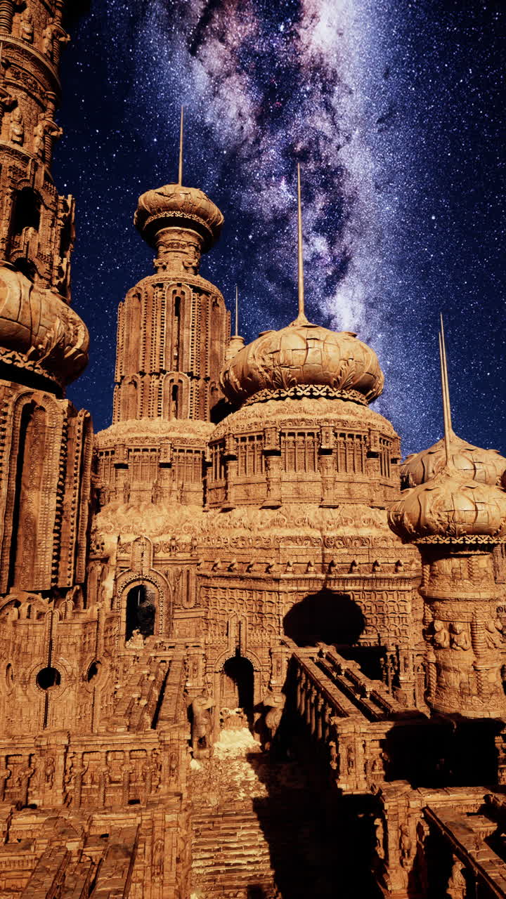 은하계와 함께 별빛 하늘 아래의 거대한 고대 건물