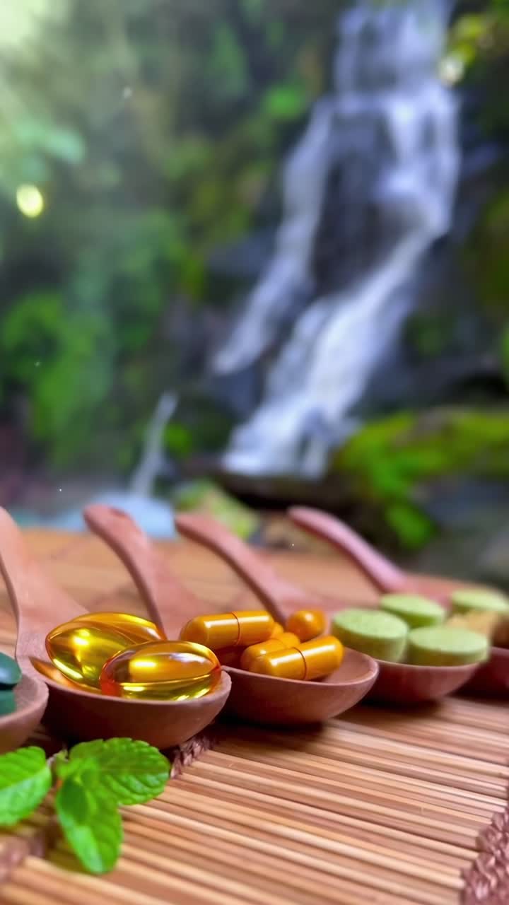 Şelale Arka Planında Kaşıklarda Doğal Takviyeler ve Vitaminler