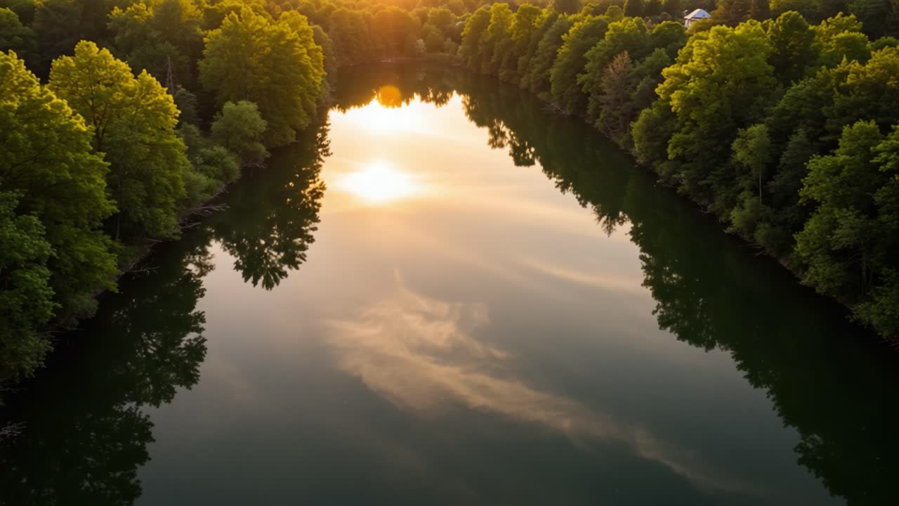 A Serene Reflection at Dusk: The Tranquil Beauty of Nature by the River Surrounded by Lush Greenery Amidst a Golden Sunset