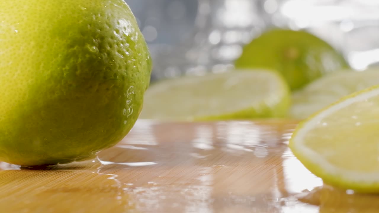 fruta de lima cayendo sobre una mesa de madera mojada, tiro a cámara lenta