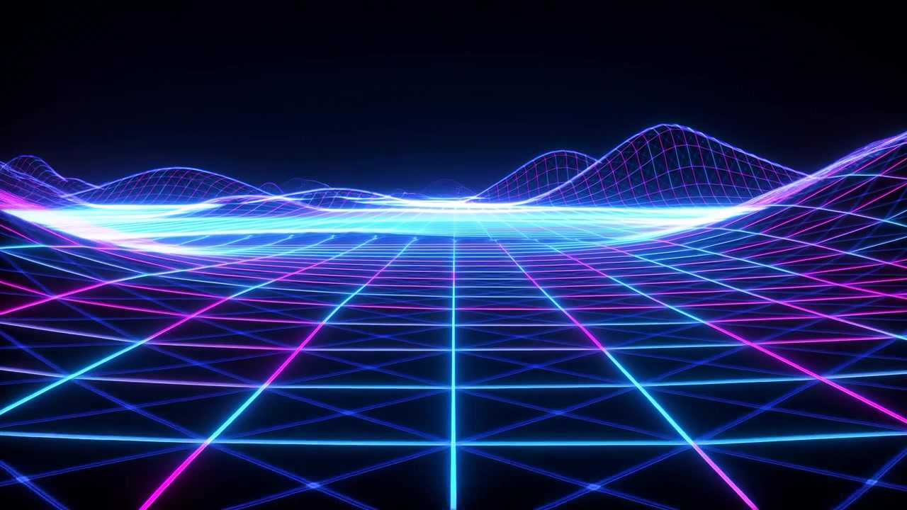 Perspective grid stretches toward rolling luminous mesh hills while cyan and magenta lines glide across foreground, with bright horizon glow widening through centered dark terrain.