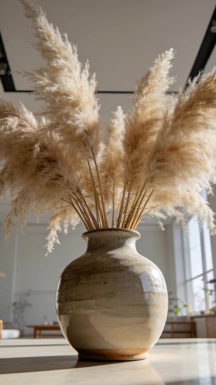 Vidéo verticale : Caméra s'approchant et s'inclinant en studio, montrant un vase en céramique et des herbes de la pampa pour révéler la texture.