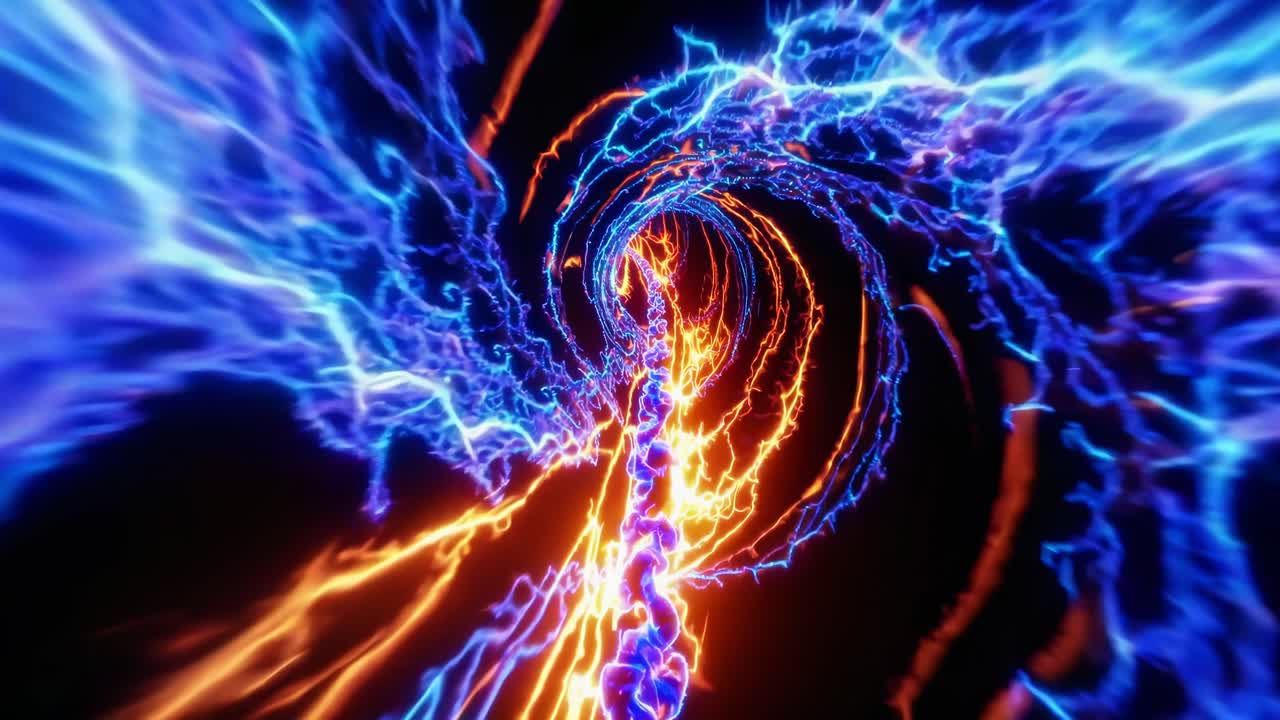 Bright blue and orange electric light swirls create a dynamic abstract pattern against a dark background evoking energy and movement