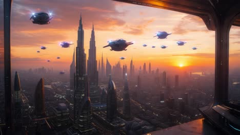 futuristic city at sunset with flying vehicles