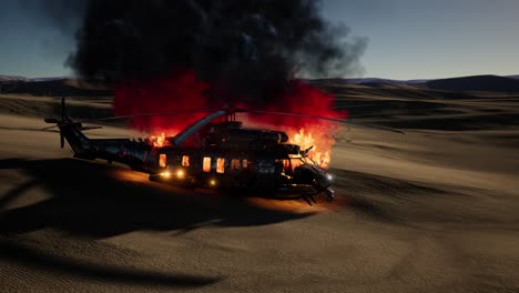 burned military helicopter in the desert at sunset