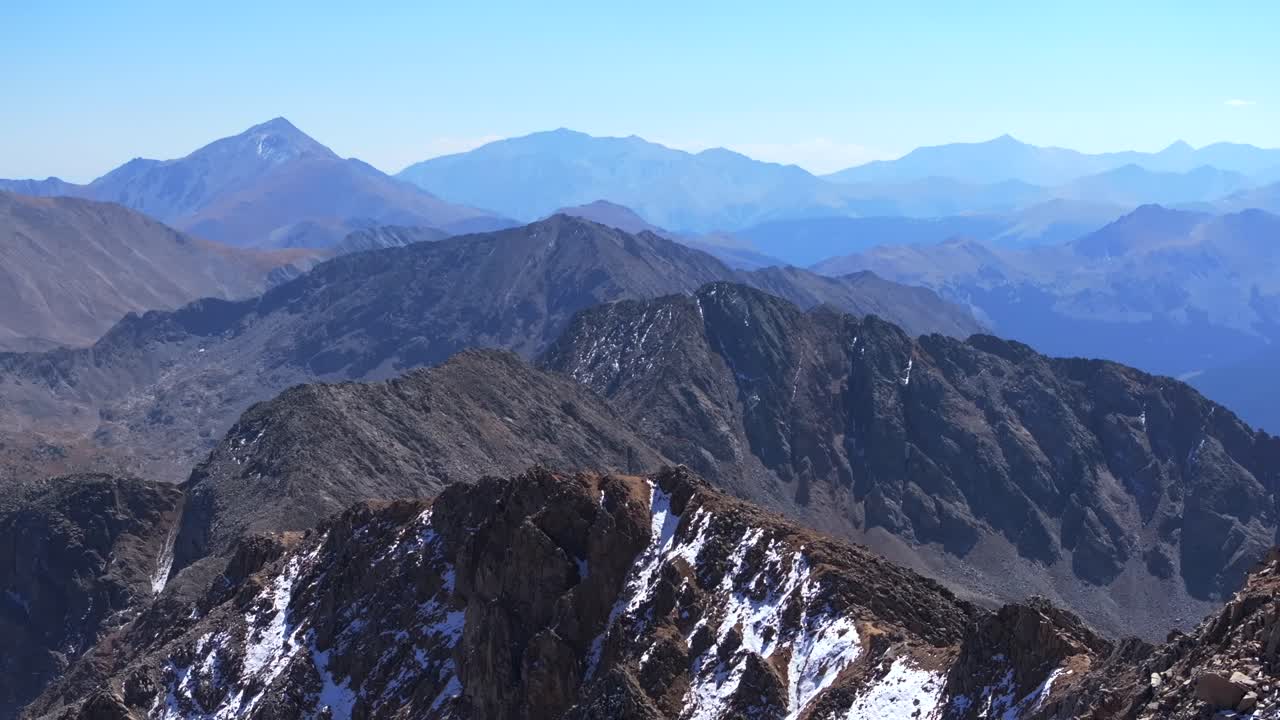 Glacier snow dusting Huron Peak summit 14er Collegiate Peaks rugged Rocky Mountains Colorado drone aerial hike summer fall autumn Three Apostles La Plata Buena Vista sunny blue sky pan down static