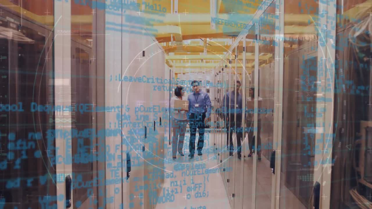 스 ⁇  스캐닝 및 데이터 처리의 애니메이션 컴퓨터 서버와 함께 기술 방에있는 사람들