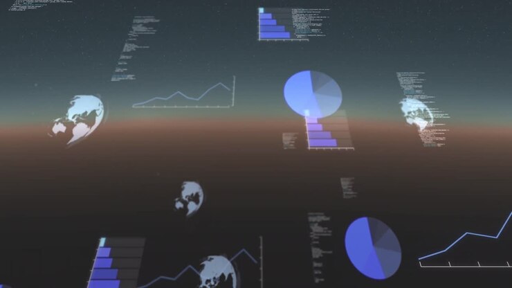 Animación de procesamiento de datos, globos girando y registro de estadísticas sobre un fondo degradado.