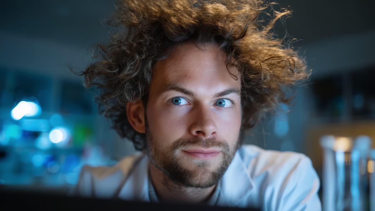 Ricercatore concentrato con capelli scompigliati in un ambiente di laboratorio poco illuminato che analizza i dati sullo schermo di un computer durante una sperimentazione e una scoperta a tarda notte
