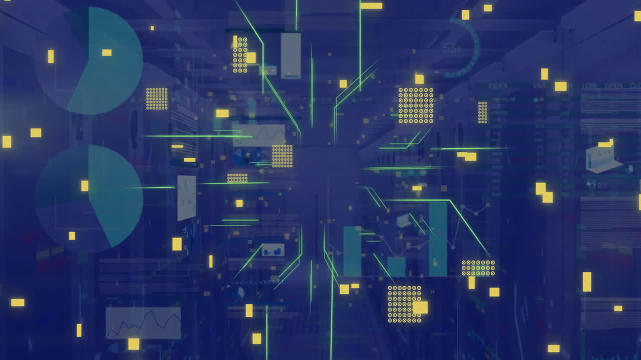 Animation of circuit board and digital data processing over computer servers