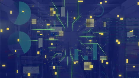 animation of circuit board and digital data processing over computer servers