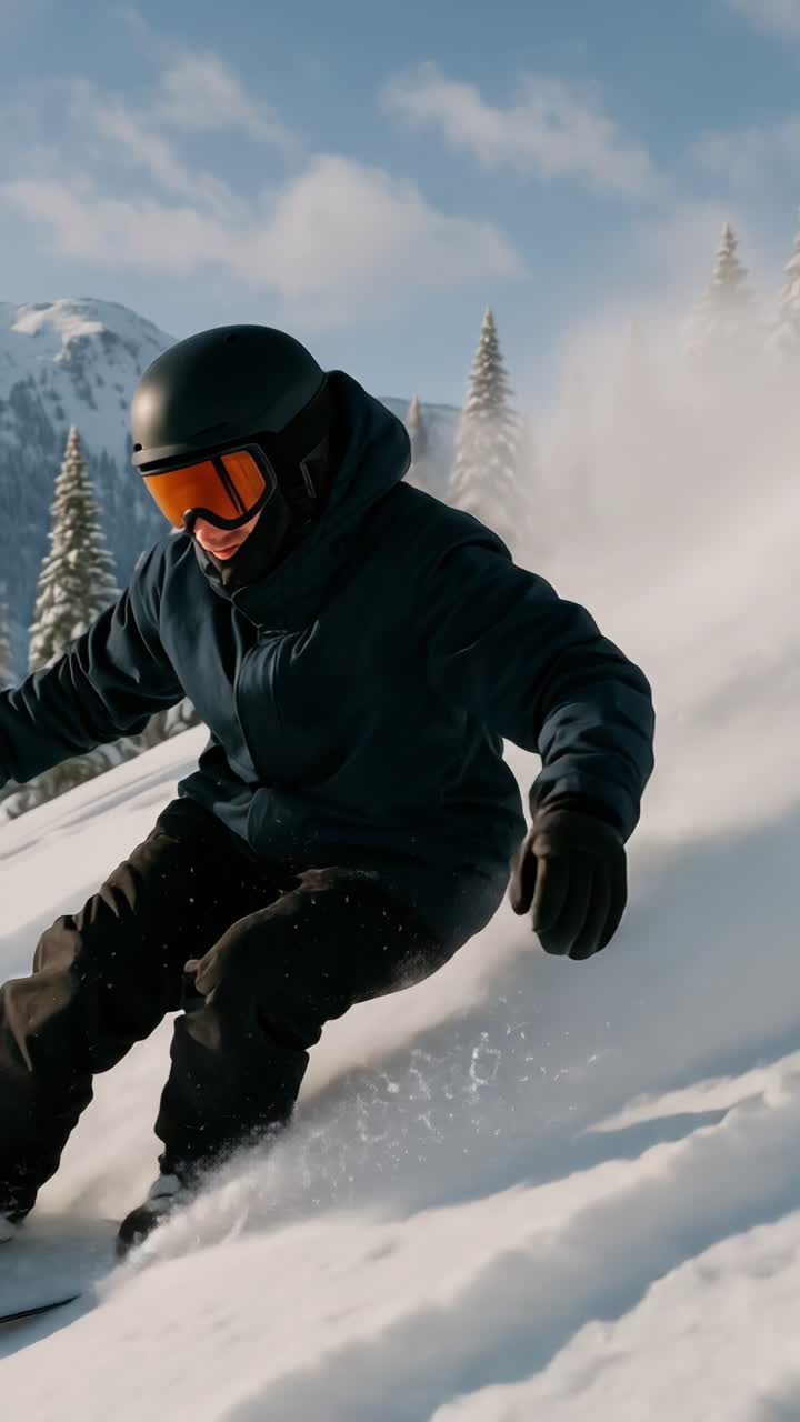 Dynamic video still of a snowboarder in action, captured from a low angle, showcasing speed