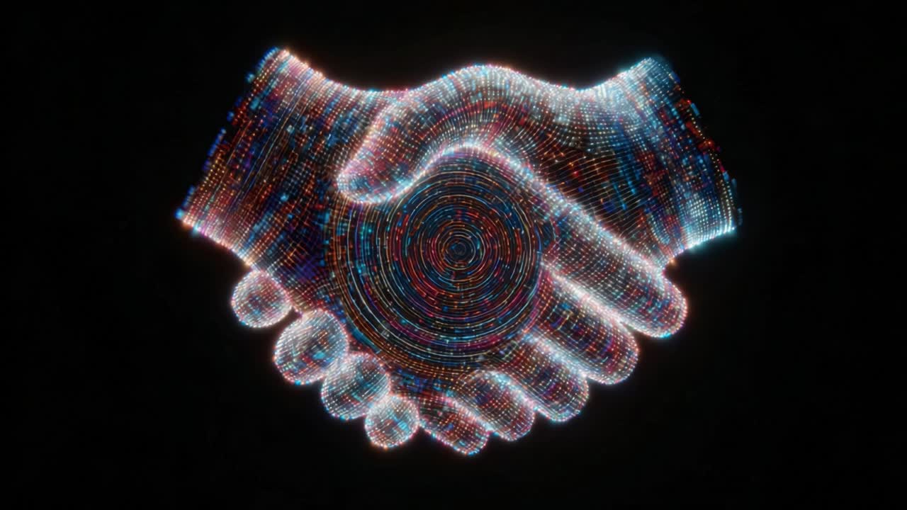 Luminous 3D handshake of glowing particles on a dark background symbolizing futuristic digital agreement, global connection, virtual partnership and modern online business deal