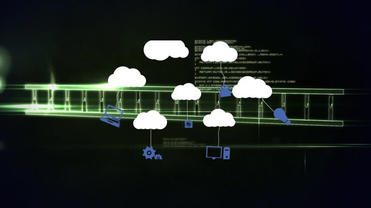 Animation of clouds with icons over dna strand and data processing