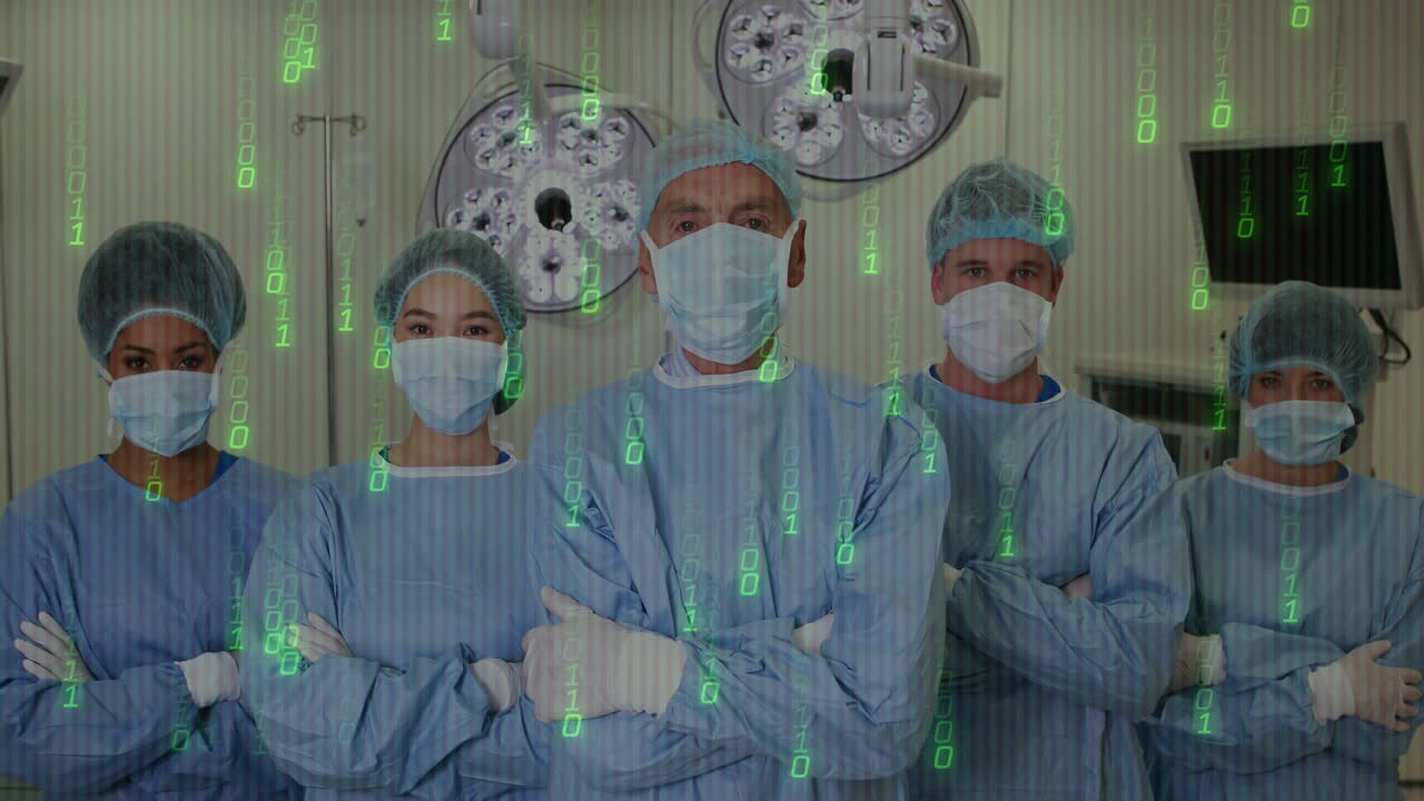 Surgical team standing in operating room, displaying digital health data with green binary overlay