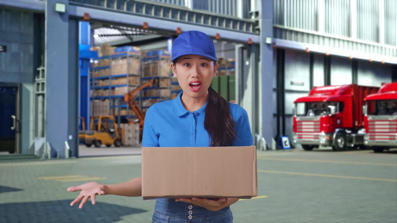 Asian Female Courier In Blue Uniform Showing Puzzled Gesture And Saying What While Delivering A Carton, Outside Warehouse