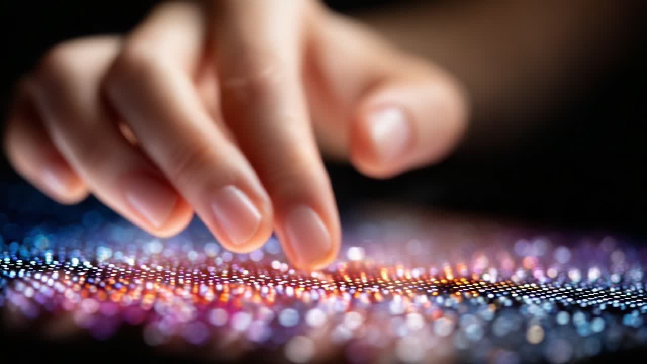 A Close-Up Exploration of Textured Patterns with a Delicate Touch, Showcasing the Interaction Between the Hand and Vibrantly Colored Lights