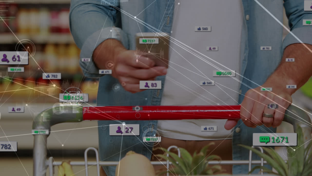 animación de la red de conexiones con iconos de los medios sobre el hombre caucásico en la tienda