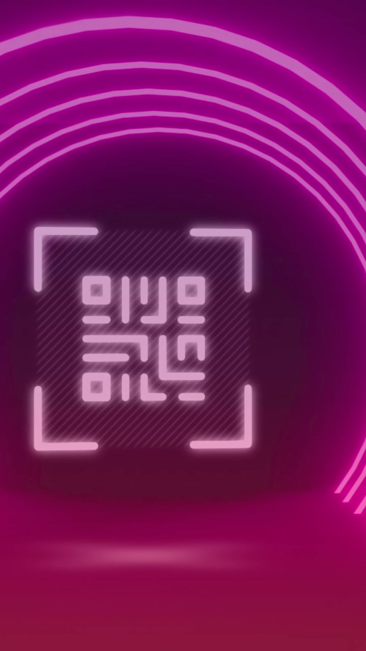 Animation of neon qr code scanner and light trails against purple background
