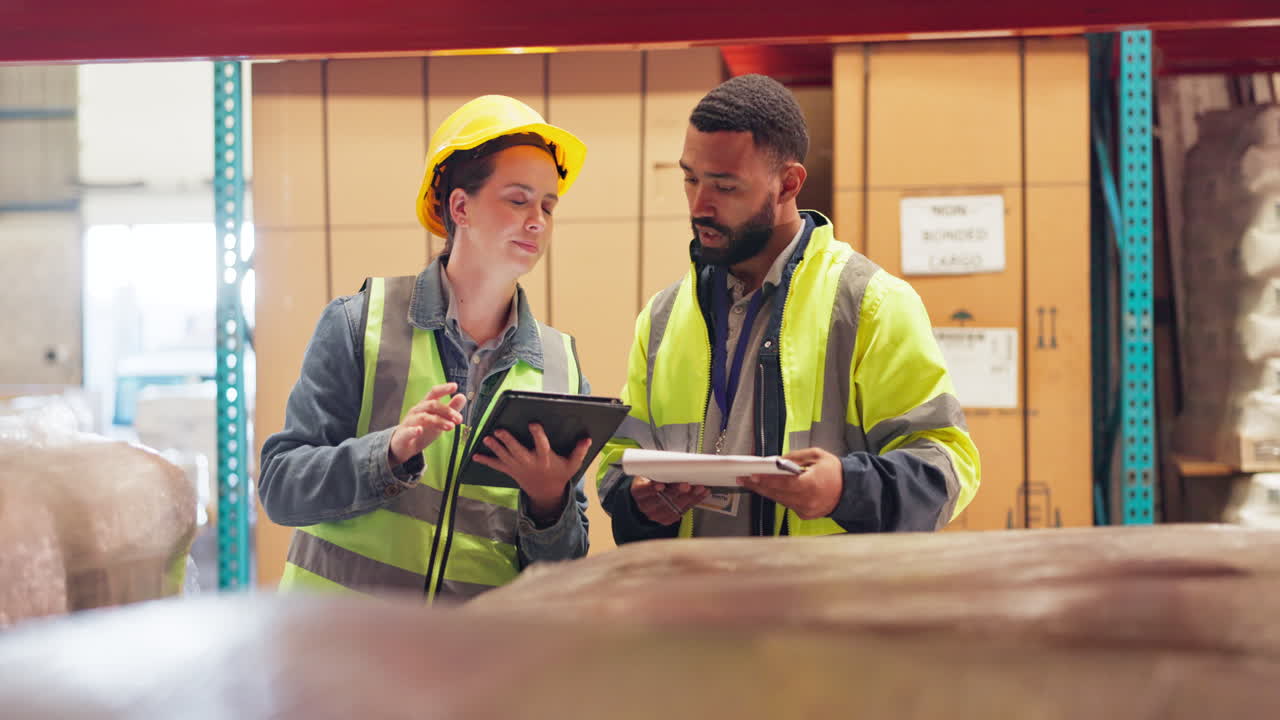 Warehouse workers inspecting inventory with tablet and clipboard