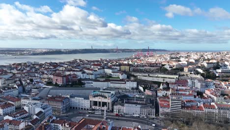 drone panning over the city of lisbon
