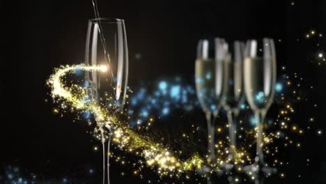 Animation-of-champagne-pouring-in-glasses-and-light-moving-over-black-background