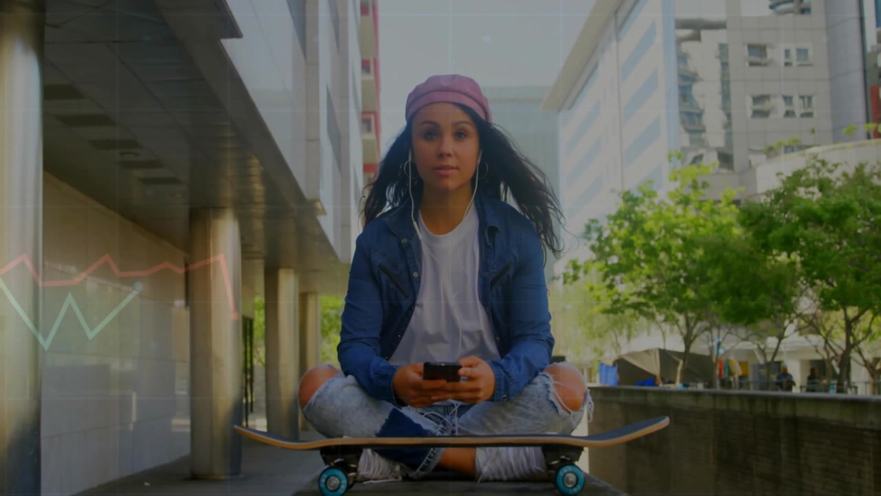 Woman sitting on skateboard in city plaza, showing phone with floating music and tech icons