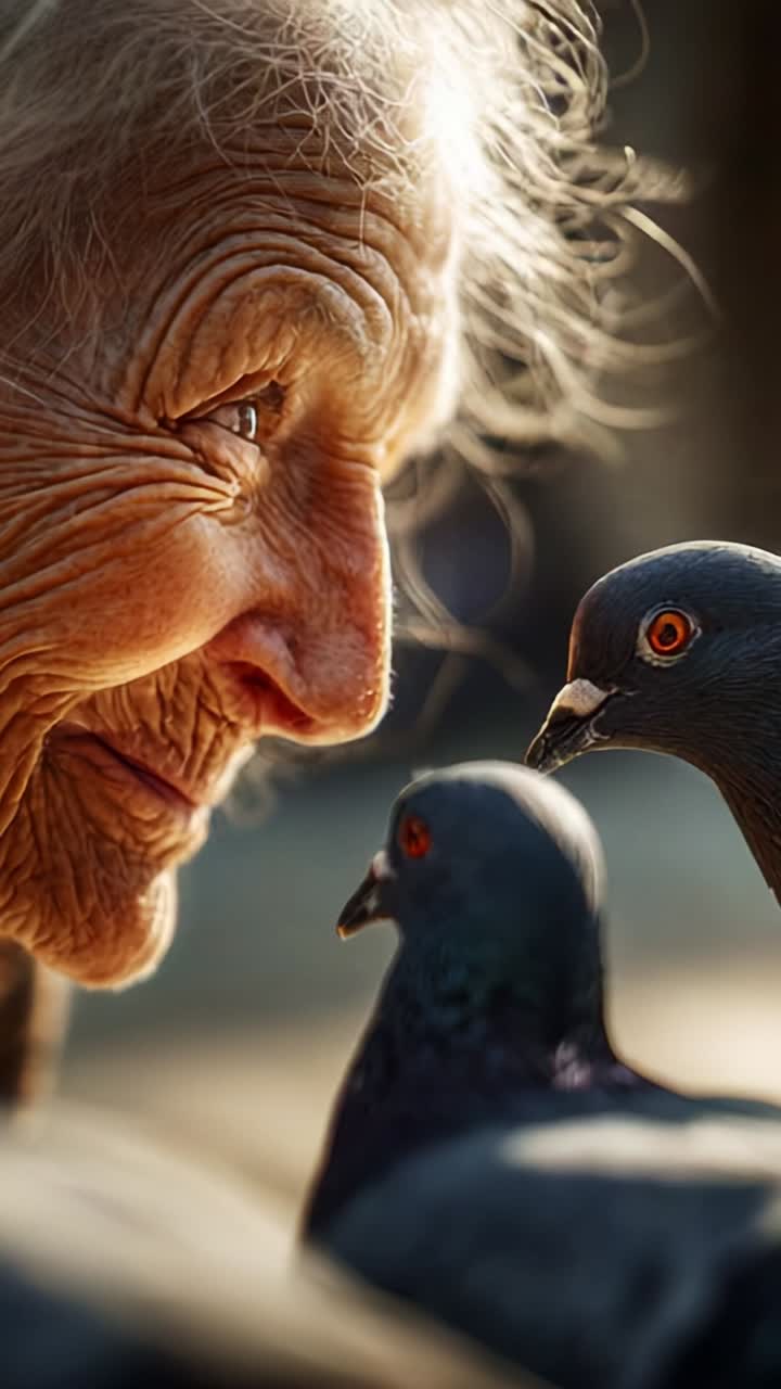 Un’anziana signora che condivide un momento di gioia con i piccioni, catturando il legame tra generazioni di vita e la bellezza della natura in un ambiente sereno