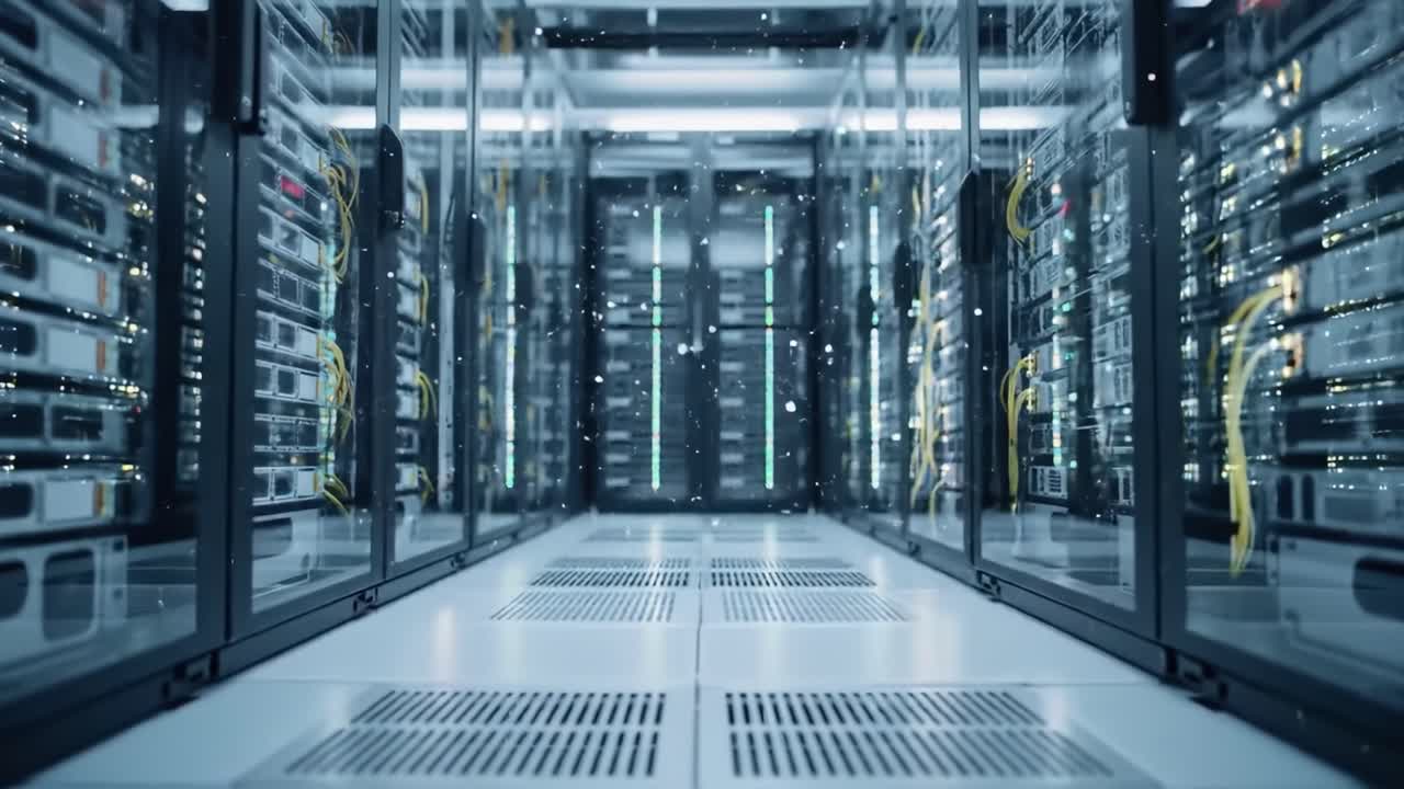 High-capacity servers operate seamlessly in a cutting-edge data center, showcasing efficient cooling systems and advanced technology.