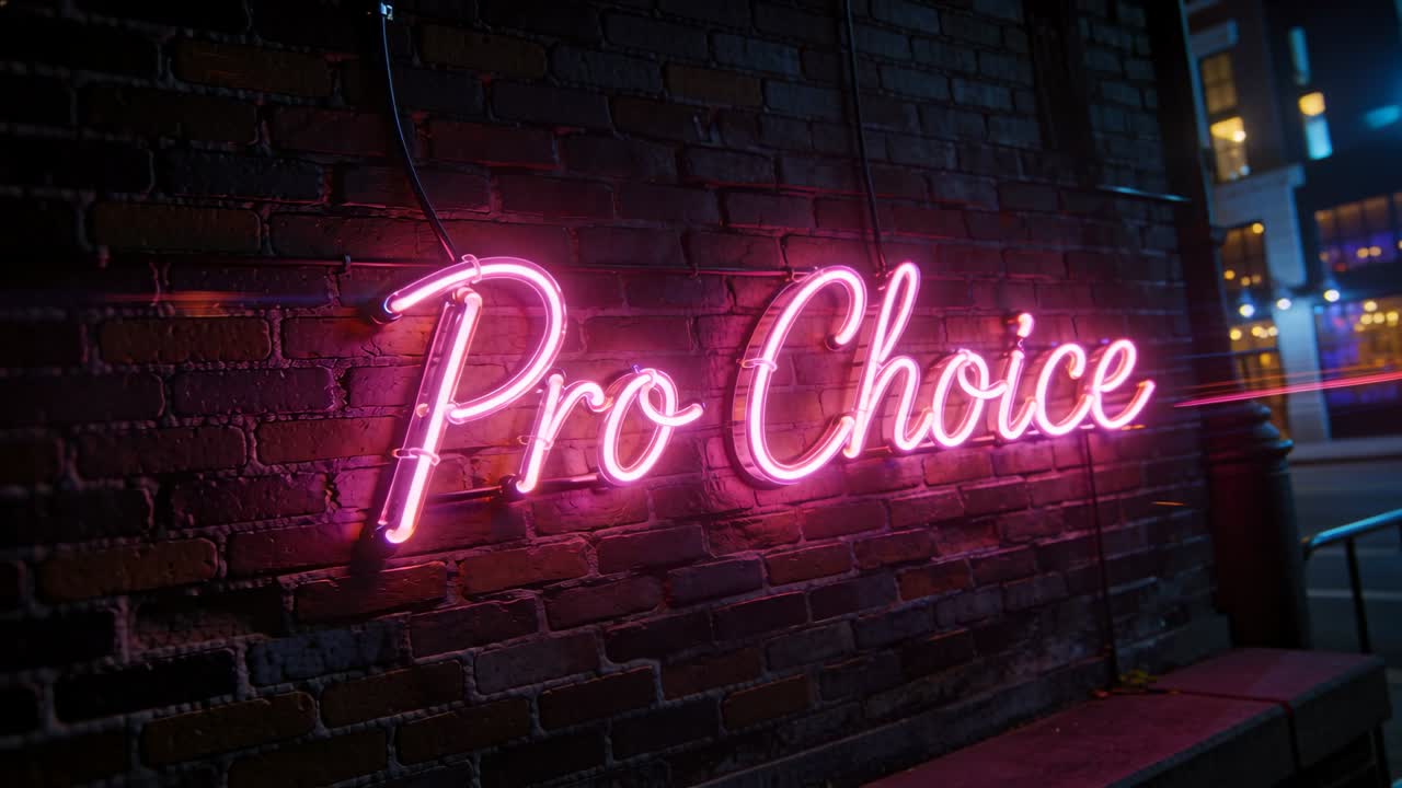 Pulling back, camera panning, revealing pink neon 'Pro Choice' glowing on brick wall, showing bench