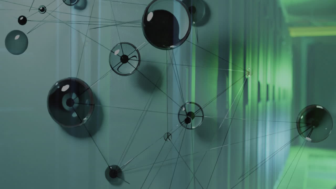 Floating network of glass spheres connecting across corridor, showing filaments and green glow