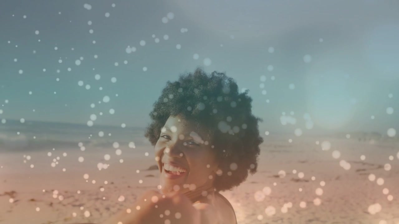 POV hand reaching, woman pulling and leading seaside, inviting partner, bokeh tracing motion travel