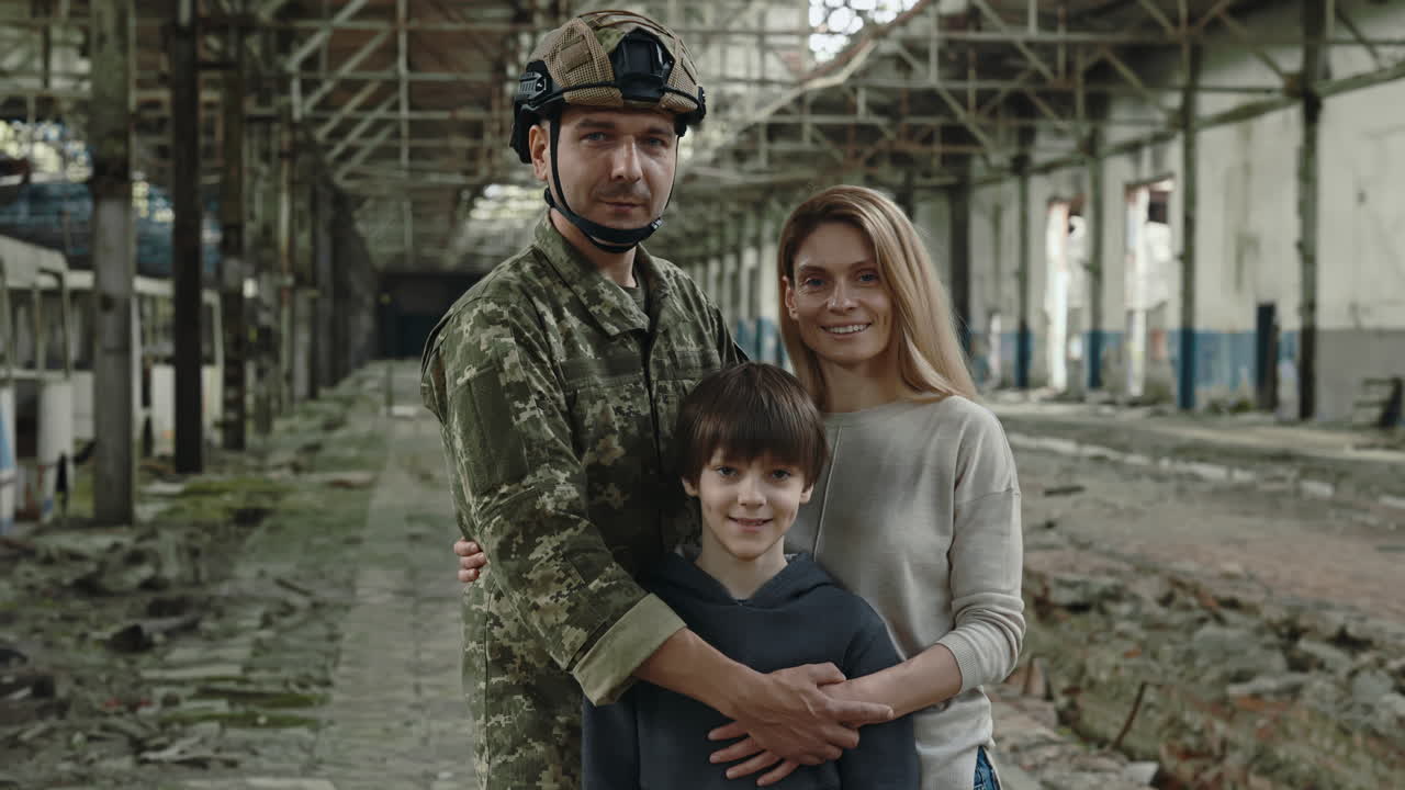 Military Family Portrait in a Desolate Building
