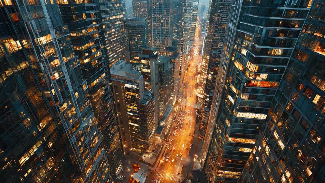 Eine atemberaubende Luftaufnahme einer belebten städtischen Straße, die im Abendrot von Lichtern erstrahlt, inmitten hoch aufragender Wolkenkratzer, die das pulsierende Stadtleben und die architektonische Pracht zur Schau stellt