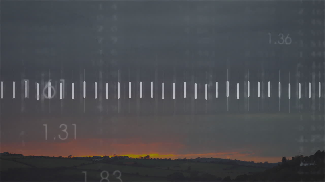 Sunset landscape with animated lines and numerical data overlaying scene