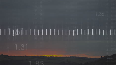 sunset landscape with animated lines and numerical data overlaying scene