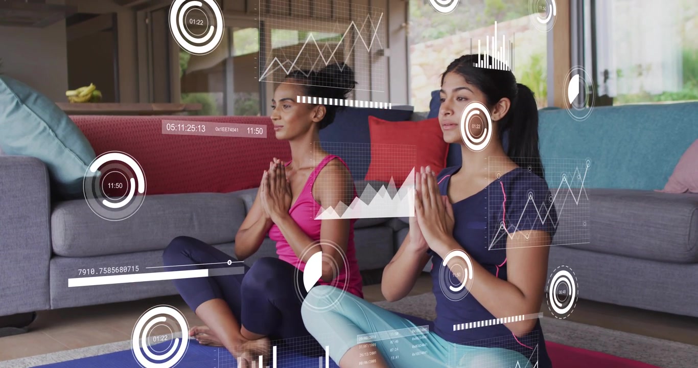Two women starting guided health meditation app showing HUD timers, charts tracking breath and pose
