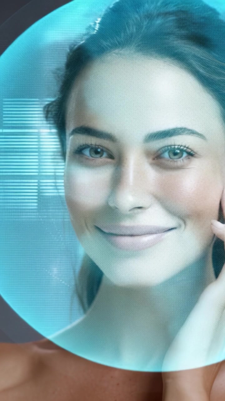 Um close-up do rosto de uma mulher com elementos de alta tecnologia, destacando a inovação em cuidados com a pele e o aprimoramento digital em soluções de beleza modernas
