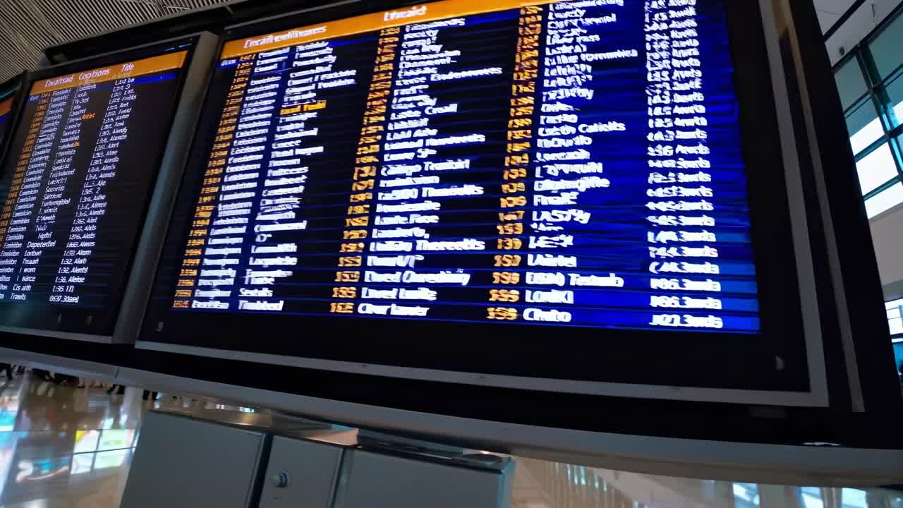 Toma de video gran angular de un panel de salidas de aeropuerto mostrando información de vuelos.