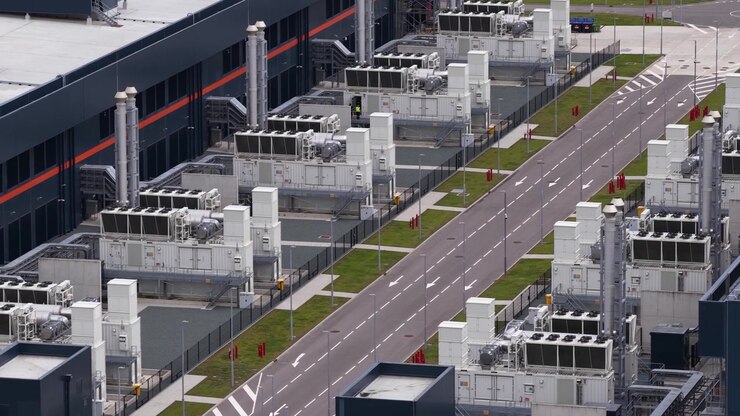 Luftfoto af en stor datacenter-tårnbygning, der viser cloud computing-infrastruktur, digital lagring, sikre serverfaciliteter og moderne IT-drift