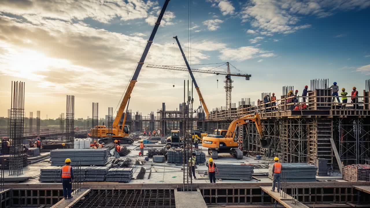 Large-scale construction site with cranes and heavy machinery at dusk