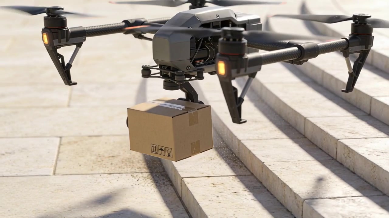 Drone autonomo che si abbassa ricevendo un comando e il braccio meccanico rilascia una scatola di cartone su un pianerottolo di pietra.