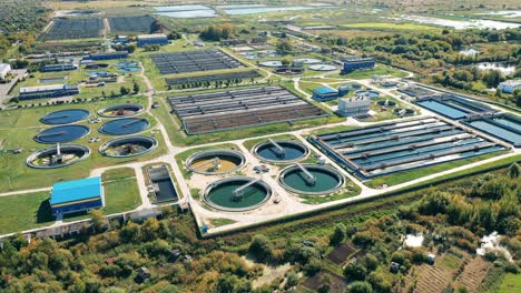 water management concept. drone shot of a large sewage water cleaning plant in daylight