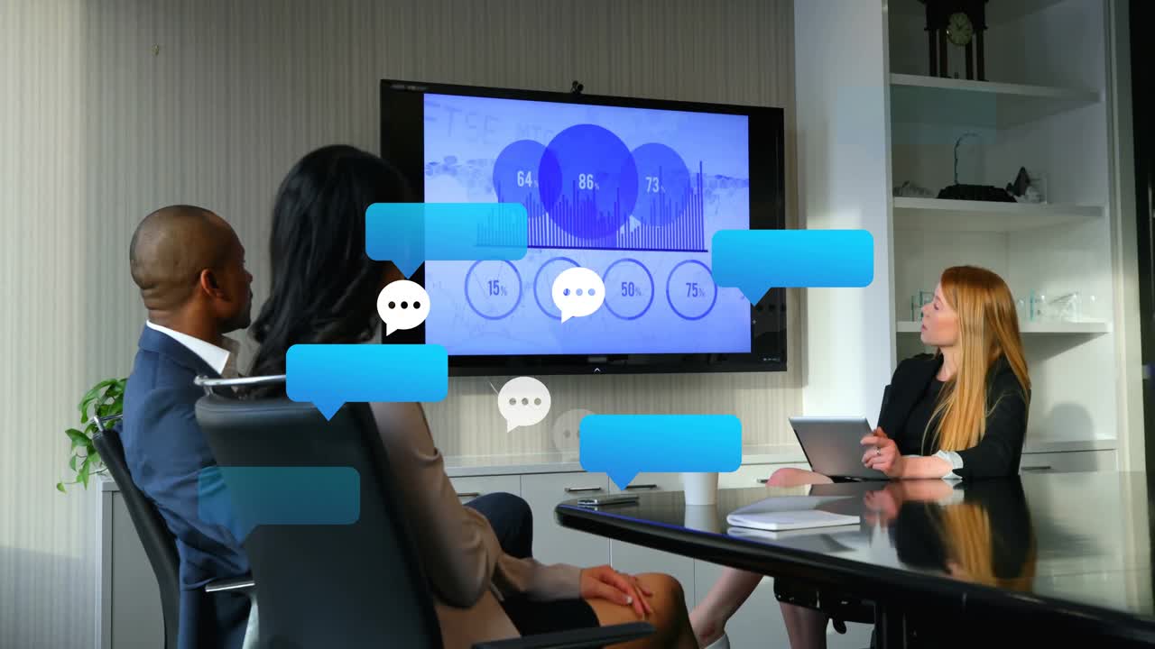 Presenter pointing tablet, showing feedback bubbles over charts for input in business meeting