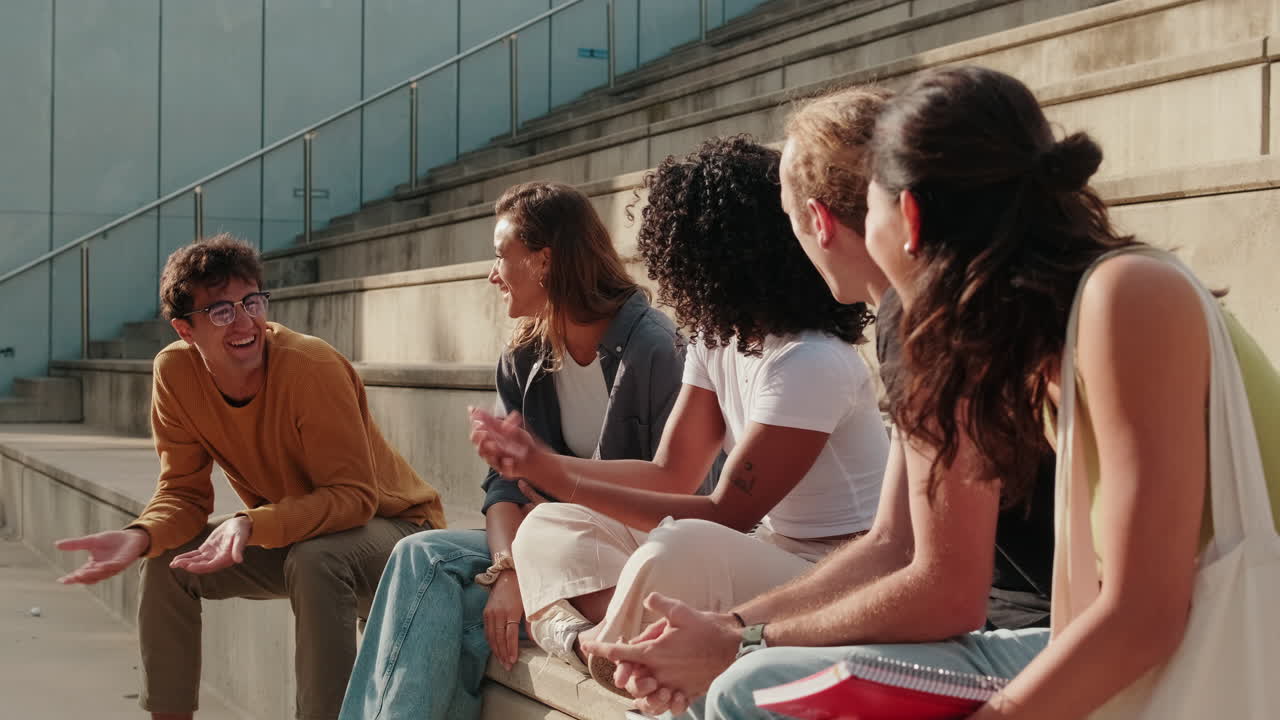 Millennial group of diverse young friends talking outdoors
