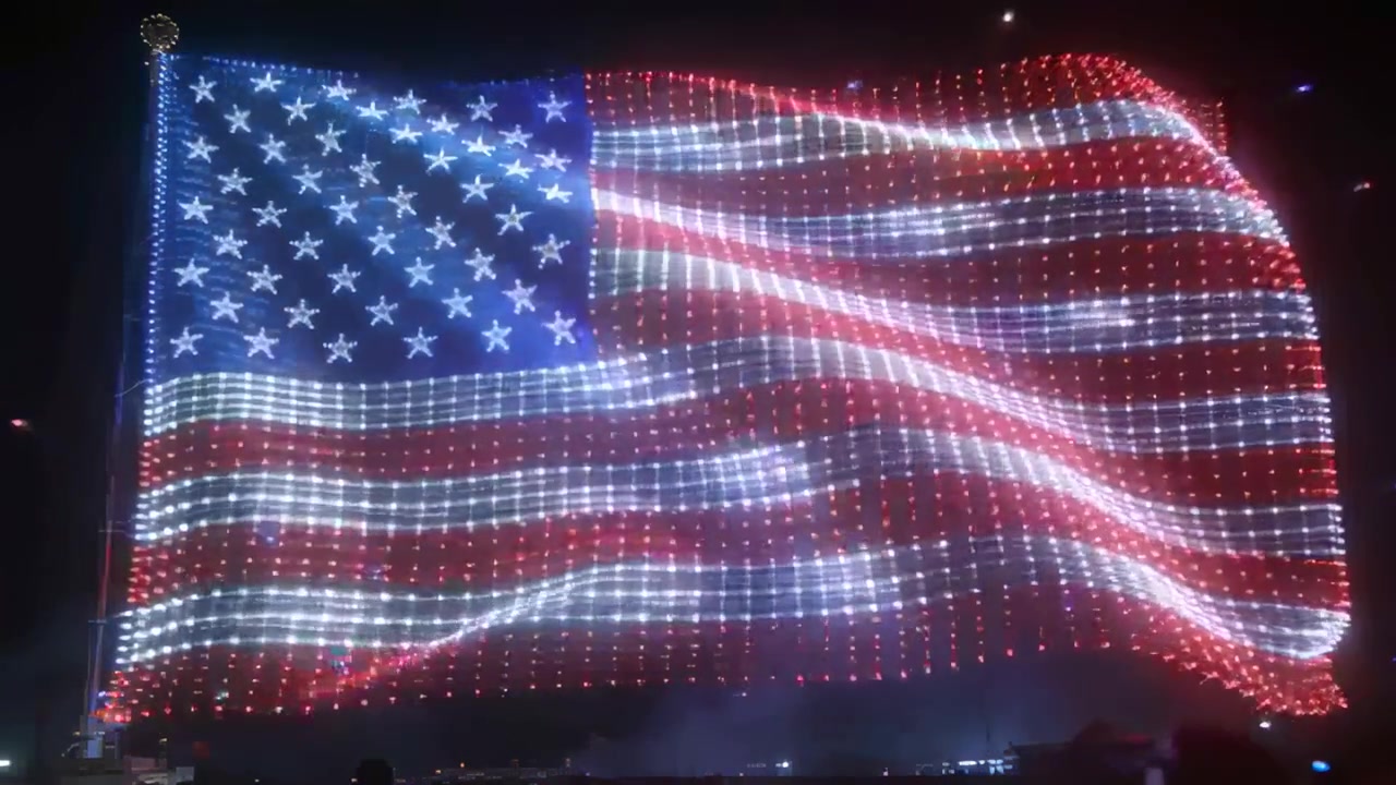 Animating American flag grid rippling at stadium stage, syncing with programmed lighting routine